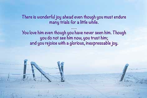 Entrance to a field in winter / "There is wonderful joy ahead even though you must endure many trials for a little while. You love him even though you have never seen him. Though you do not see him now, you trust him; and you rejoice with a glorious, inexpressable joy."