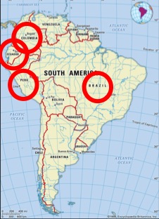 Map of South America with Colombia, Equador, Peru and Brazil circled